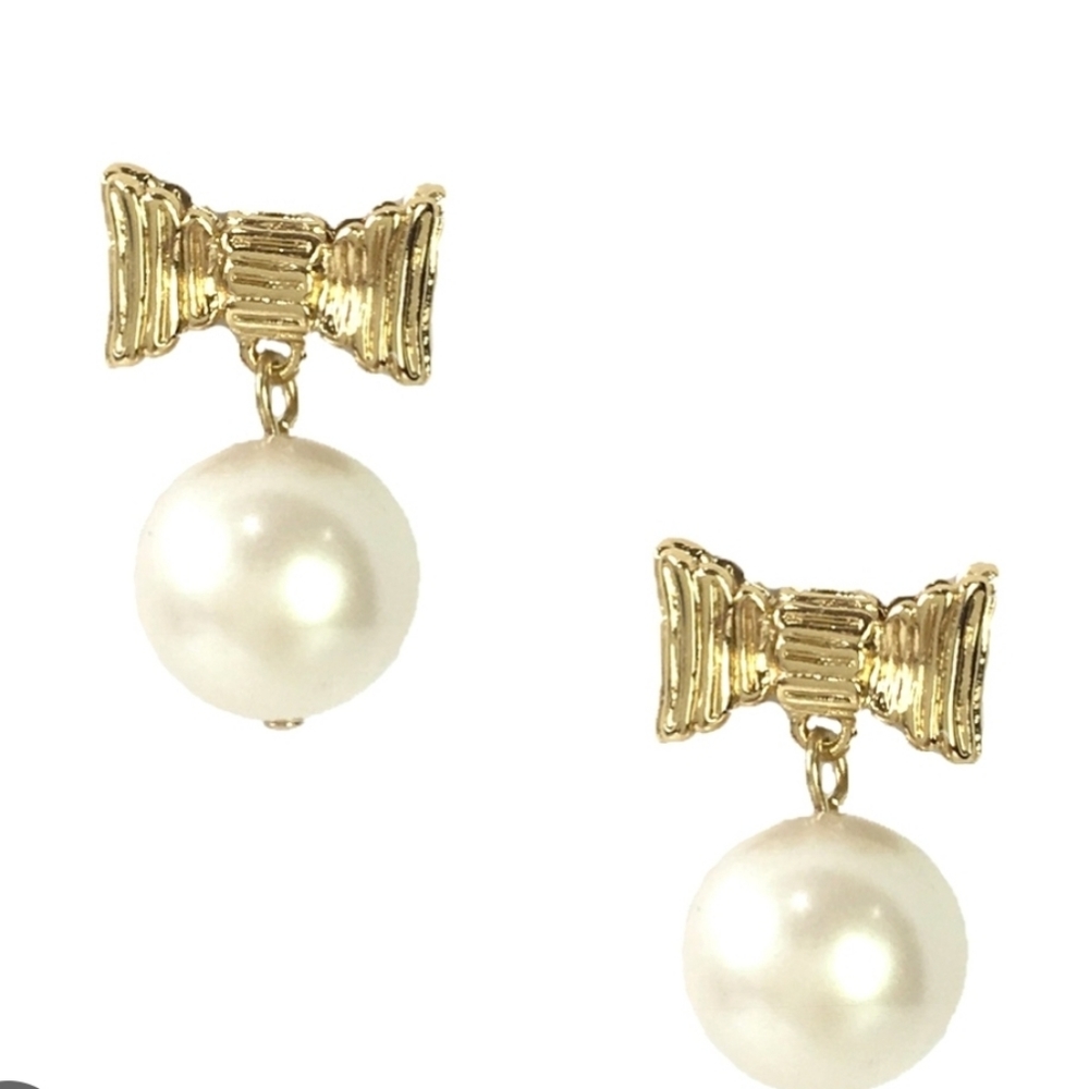 Kate Spade Cream Gold ALL WRAPPED UP IN PEARLS Bow Faux Pearl Earrings